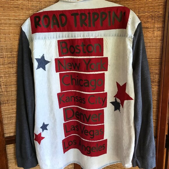 Upcycled Denim Road Trip Shirt: Patchwork Stars, Waffle Knit Sleeves (Unisex XL) - Picture 7 of 12